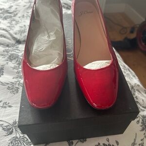 Red patent block heels (J. Crew)